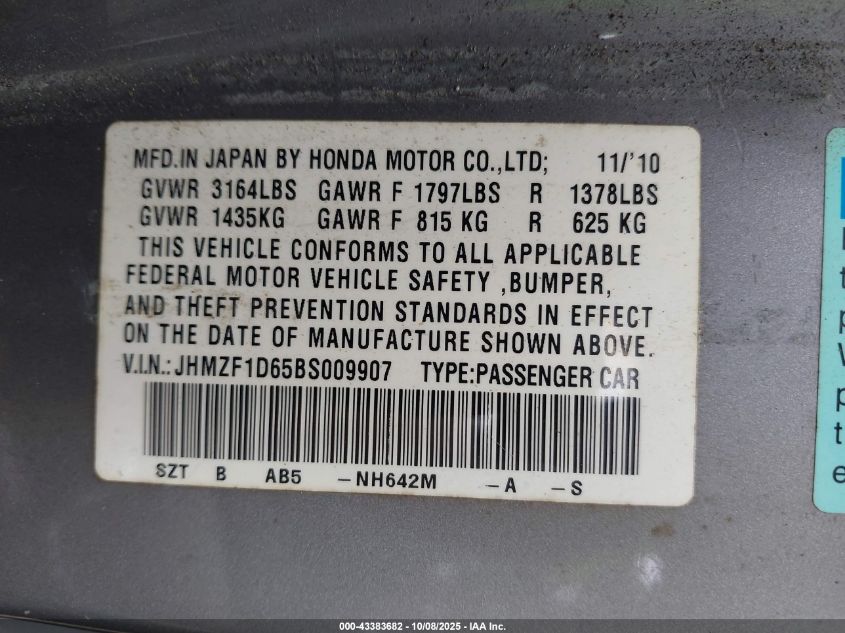 2011 Honda Cr-Z Ex VIN: JHMZF1D65BS009907 Lot: 43383682