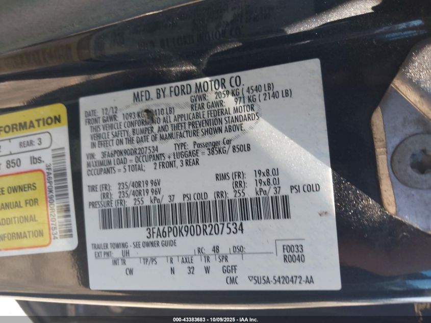 2013 Ford Fusion Titanium VIN: 3FA6P0K90DR207534 Lot: 43383683