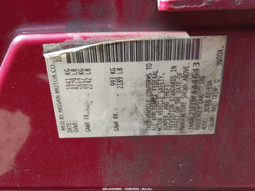 2009 Nissan Altima 2.5 S VIN: 1N4AL21E39N444643 Lot: 43383690