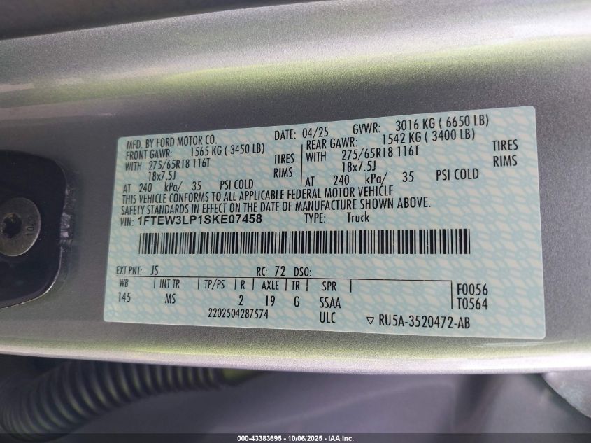 2025 Ford F-150 Xlt VIN: 1FTEW3LP1SKE07458 Lot: 43383695