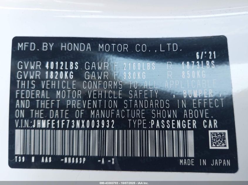 2022 Honda Civic Ex VIN: JHMFE1F73NX003932 Lot: 43383703