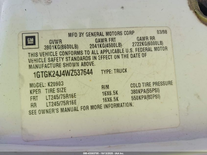 1998 GMC Sierra 2500 Hd Sl VIN: 1GTGK24J4WZ537644 Lot: 43383705