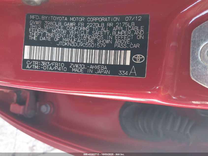 2012 Toyota Prius Three VIN: JTDKN3DU9C5501579 Lot: 43383713