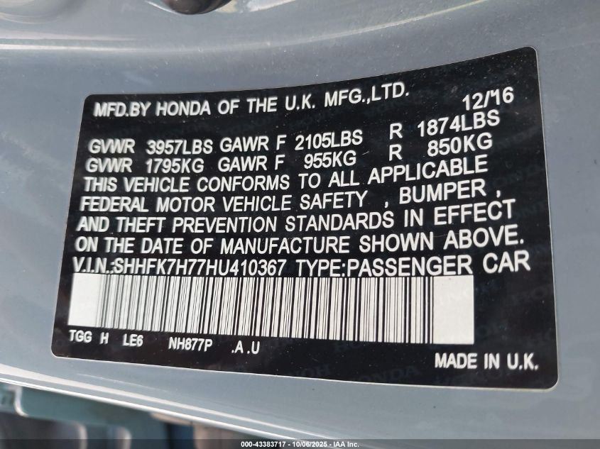 2017 Honda Civic Ex-L VIN: SHHFK7H77HU410367 Lot: 43383717