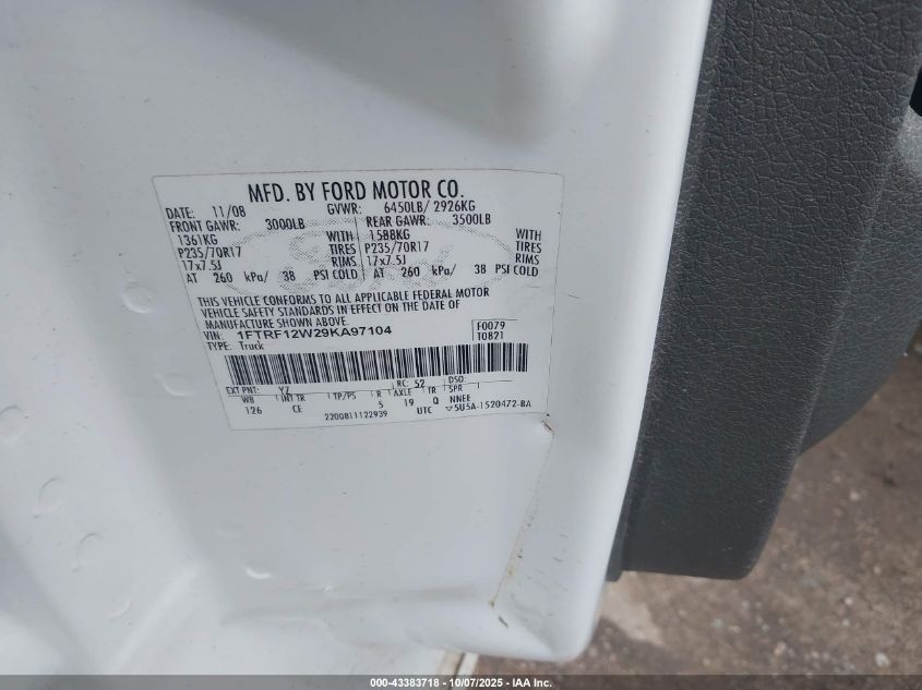 2009 Ford F-150 Stx/Xl/Xlt VIN: 1FTRF12W29KA97104 Lot: 43383718
