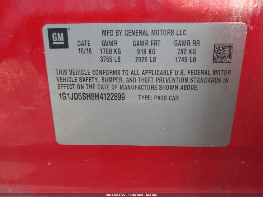 2017 Chevrolet Sonic Lt Auto VIN: 1G1JD5SH8H4122899 Lot: 43383722