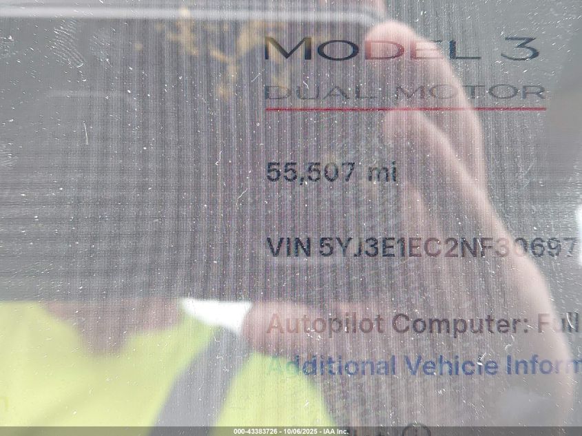 2022 Tesla Model 3 Performance Dual Motor All-Wheel Drive VIN: 5YJ3E1EC2NF306973 Lot: 43383726