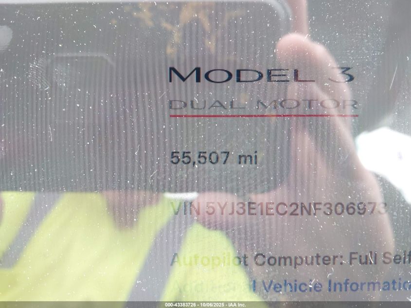 2022 Tesla Model 3 Performance Dual Motor All-Wheel Drive VIN: 5YJ3E1EC2NF306973 Lot: 43383726
