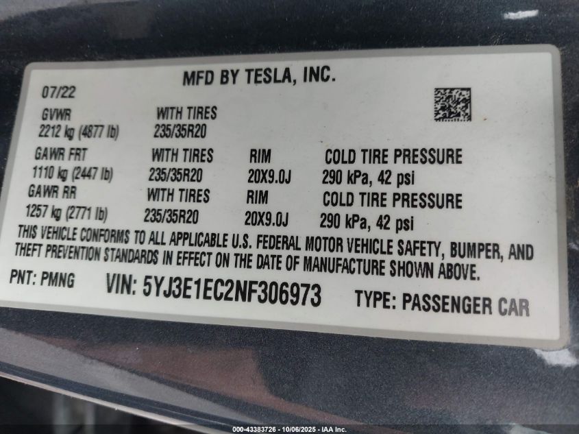 2022 Tesla Model 3 Performance Dual Motor All-Wheel Drive VIN: 5YJ3E1EC2NF306973 Lot: 43383726