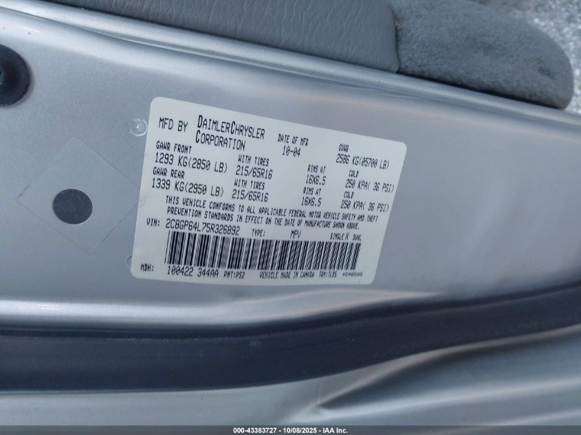 2005 Chrysler Town & Country Limited VIN: 2C8GP64L75R326892 Lot: 43383727