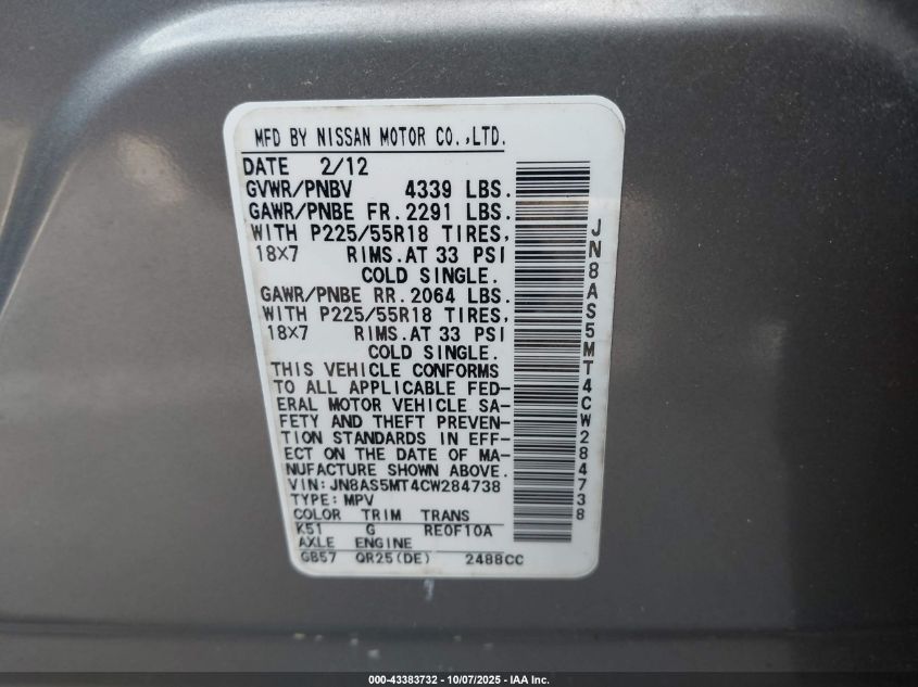 2012 Nissan Rogue Sv W/Sl Pkg VIN: JN8AS5MT4CW284738 Lot: 43383732