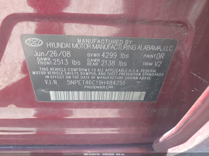 2009 Hyundai Sonata Gls VIN: 5NPET46C19H484251 Lot: 43383735