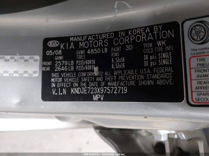 2009 Kia Sportage Lx V6 VIN: KNDJE723X97572719 Lot: 43383751
