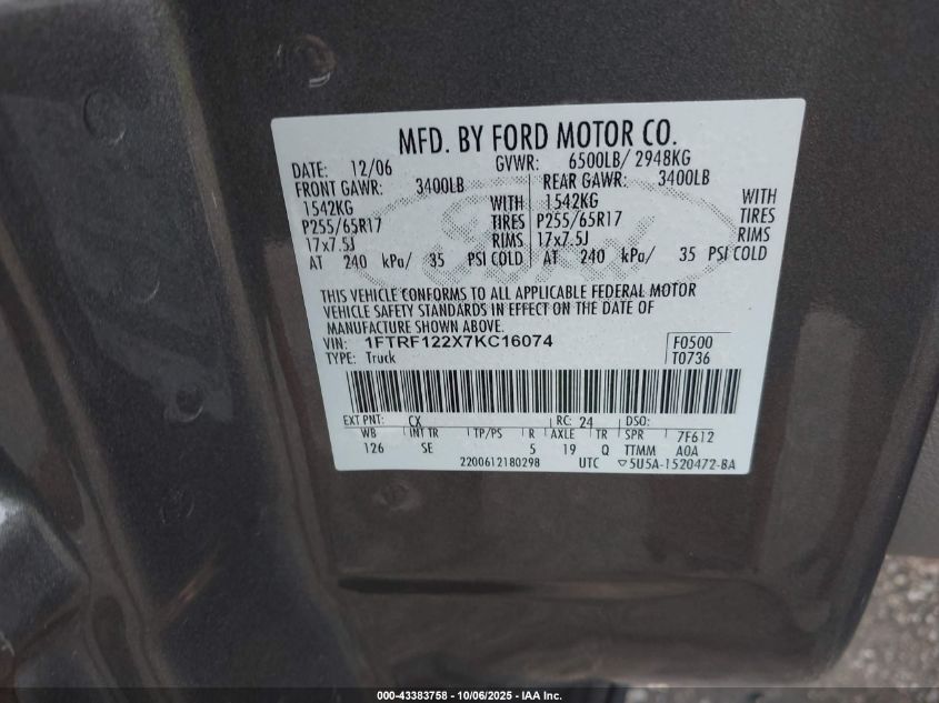 2007 Ford F-150 Stx/Xl/Xlt VIN: 1FTRF122X7KC16074 Lot: 43383758