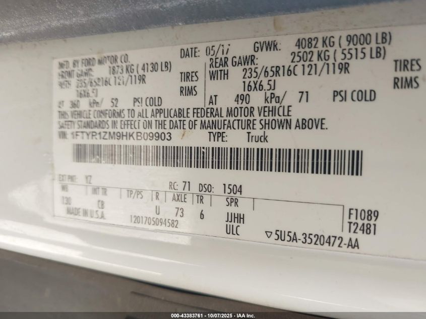 2017 Ford Transit-250 VIN: 1FTYR1ZM9HKB09903 Lot: 43383761