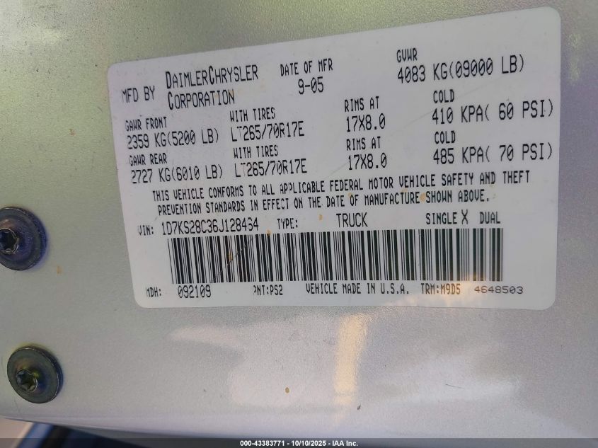 2006 Dodge Ram 2500 Slt/Sport VIN: 1D7KS28C36J128464 Lot: 43383771