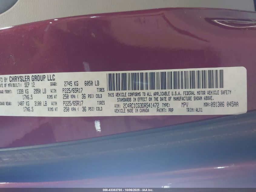 2013 Chrysler Town & Country Touring-L VIN: 2C4RC1CG3DR541472 Lot: 43383785