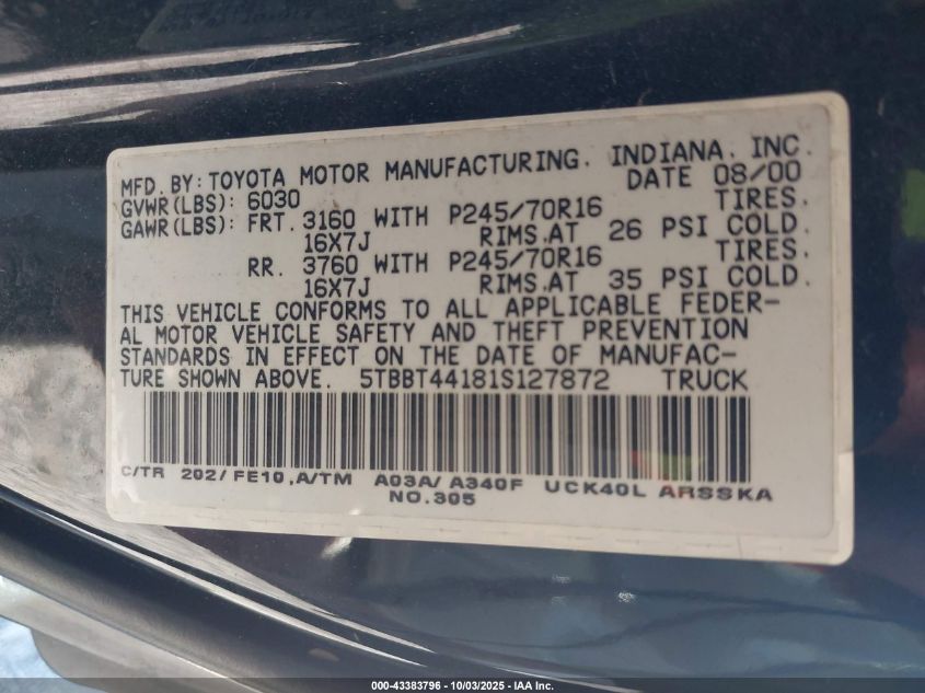 2001 Toyota Tundra Sr5 V8 VIN: 5TBBT44181S127872 Lot: 43383796