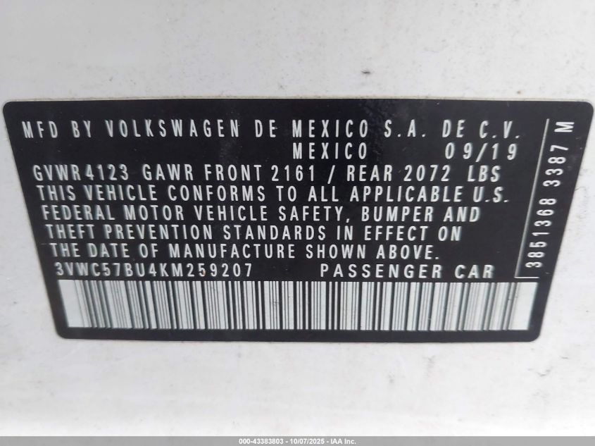 2019 Volkswagen Jetta 1.4T R-Line/1.4T S/1.4T Se VIN: 3VWC57BU4KM259207 Lot: 43383803
