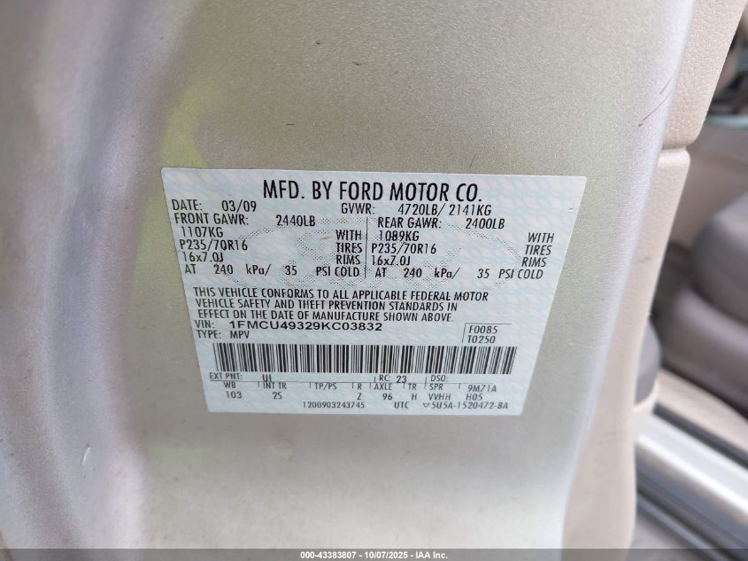 2009 Ford Escape Hybrid Limited VIN: 1FMCU49329KC03832 Lot: 43383807