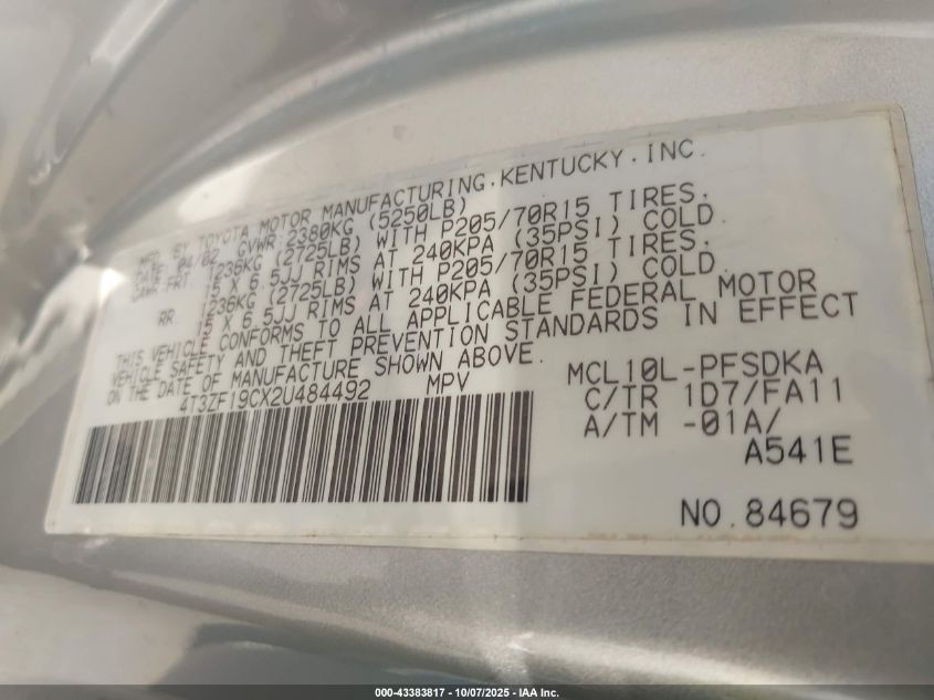 2002 Toyota Sienna Ce VIN: 4T3ZF19CX2U484492 Lot: 43383817