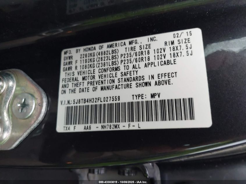 2015 Acura Rdx VIN: 5J8TB4H32FL027559 Lot: 43383819