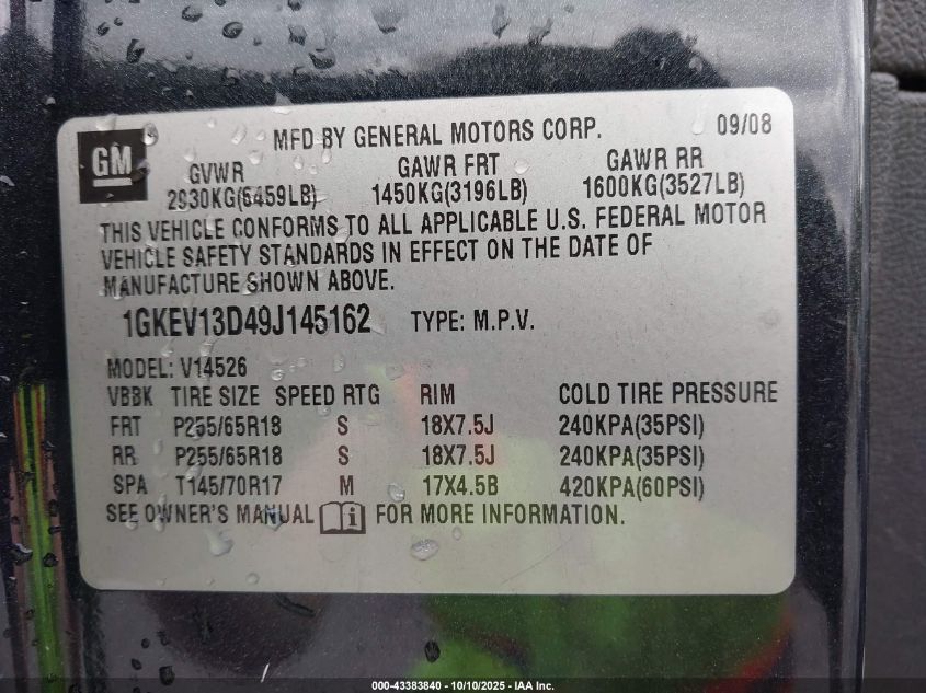 2009 GMC Acadia Sle-1 VIN: 1GKEV13D49J145162 Lot: 43383840