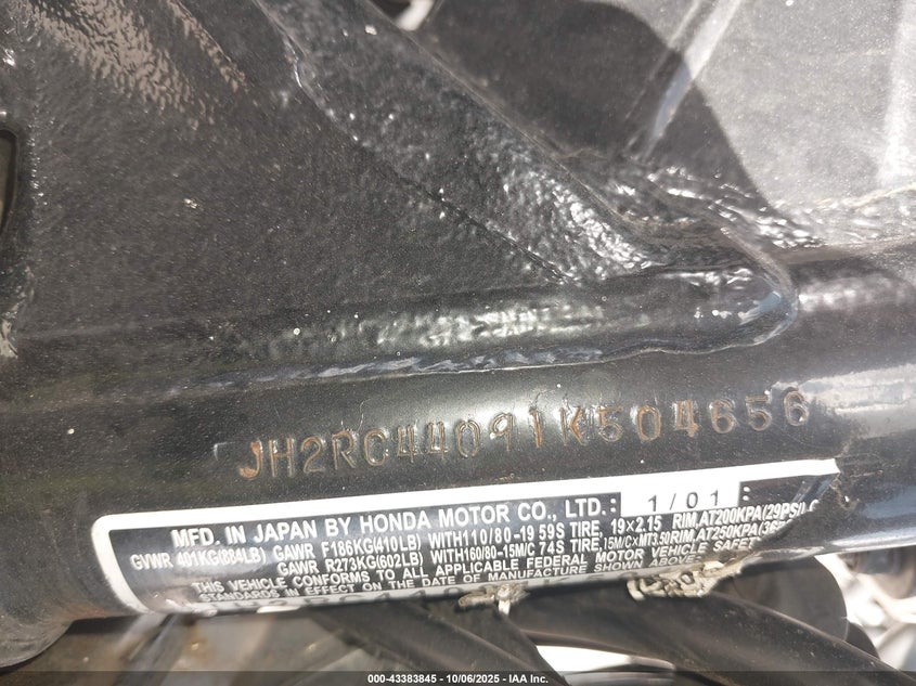 2001 Honda Vt750 Dc VIN: JH2RC44091K504656 Lot: 43383845