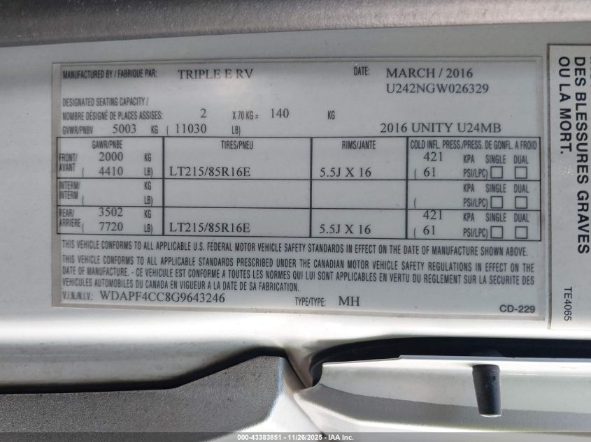 2016 Mercedes-Benz Sprinter 3500 VIN: WDAPF4CC8G9643246 Lot: 43383851