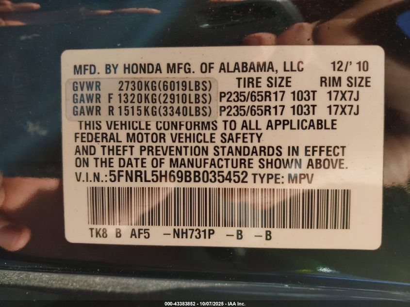 2011 Honda Odyssey Ex-L VIN: 5FNRL5H69BB035452 Lot: 43383852