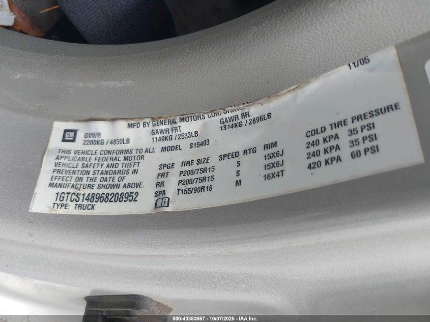 2006 GMC Canyon Work Truck VIN: 1GTCS148968208952 Lot: 43383867