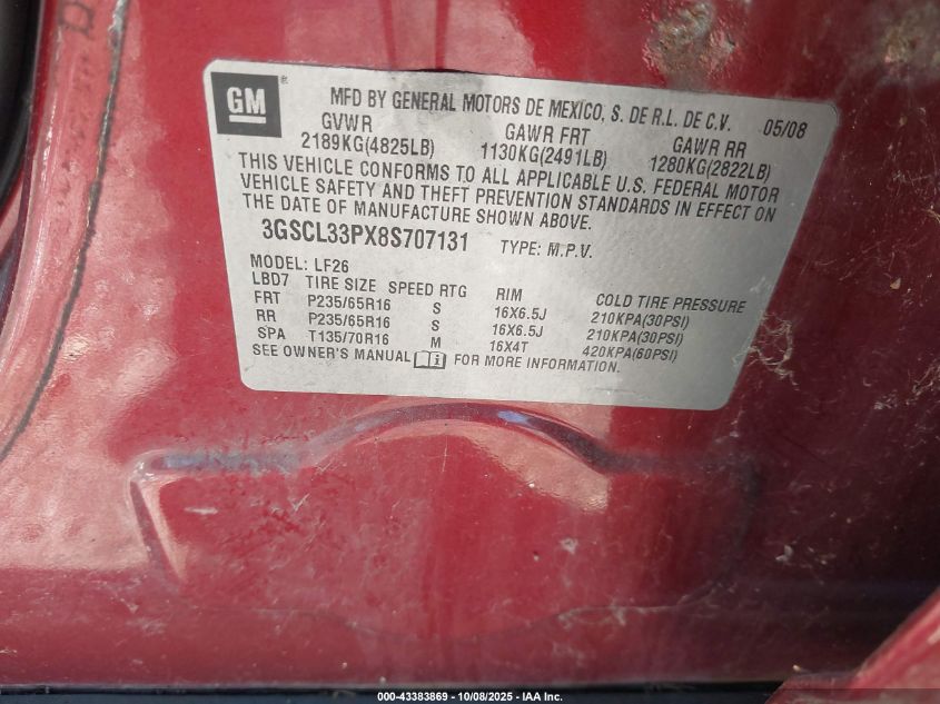 2008 Saturn Vue 4-Cyl Xe VIN: 3GSCL33PX8S707131 Lot: 43383869