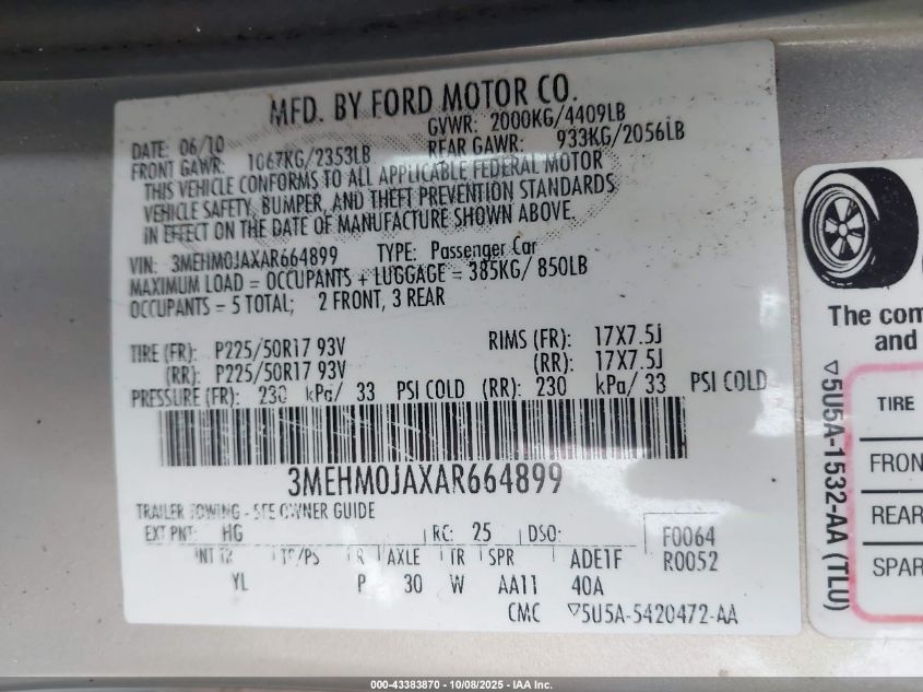 2010 Mercury Milan Premier VIN: 3MEHM0JAXAR664899 Lot: 43383870