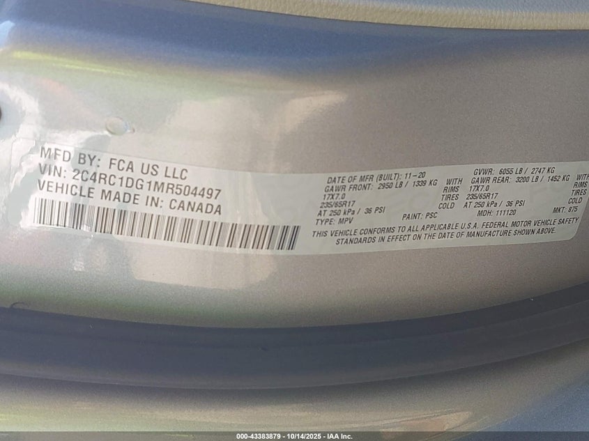 2021 Chrysler Voyager Lxi VIN: 2C4RC1DG1MR504497 Lot: 43383879