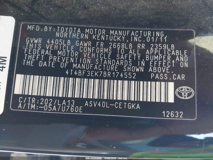 2011 Toyota Camry Xle VIN: 4T4BF3EK7BR174552 Lot: 43383886