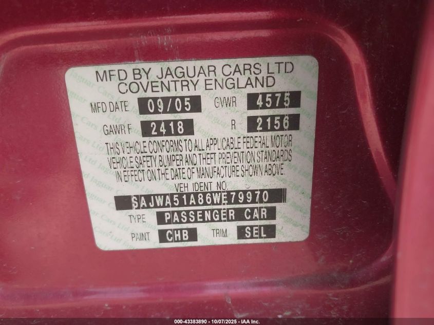 2006 Jaguar X-Type 3.0 VIN: SAJWA51A86WE79970 Lot: 43383890