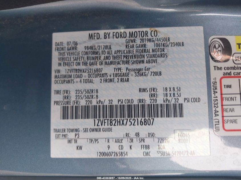 2007 Ford Mustang Gt Deluxe/Gt Premium VIN: 1ZVFT82HX75216807 Lot: 43383897