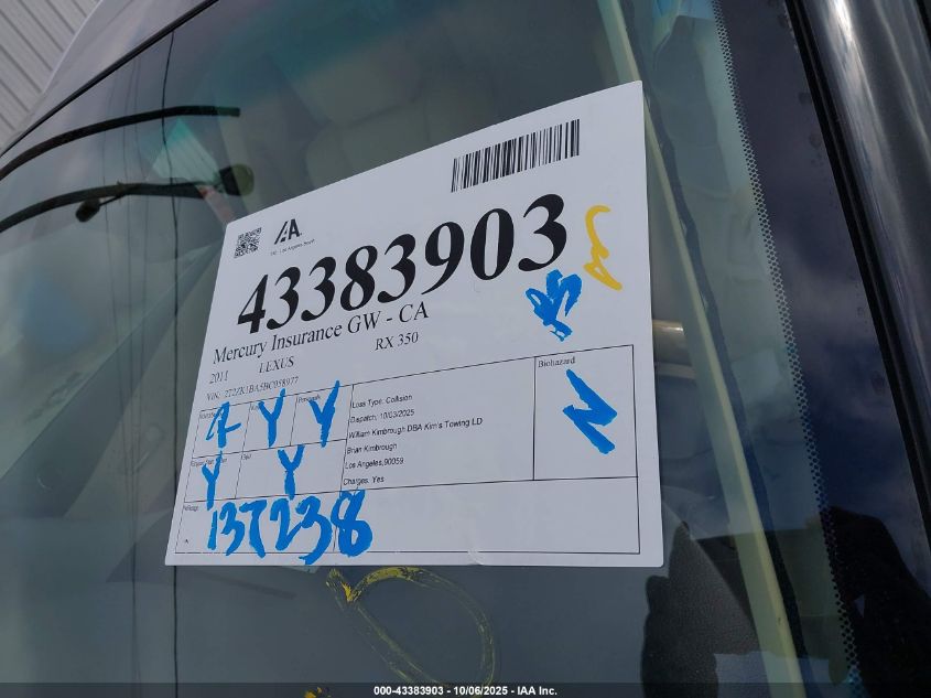 2011 Lexus Rx 350 VIN: 2T2ZK1BA5BC058977 Lot: 43383903