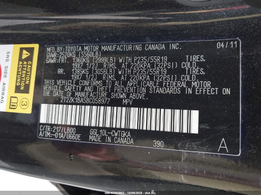 2011 Lexus Rx 350 VIN: 2T2ZK1BA5BC058977 Lot: 43383903