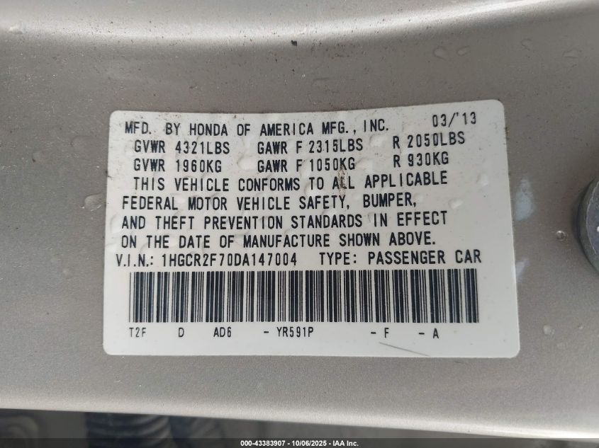2013 Honda Accord Ex VIN: 1HGCR2F70DA147004 Lot: 43383907
