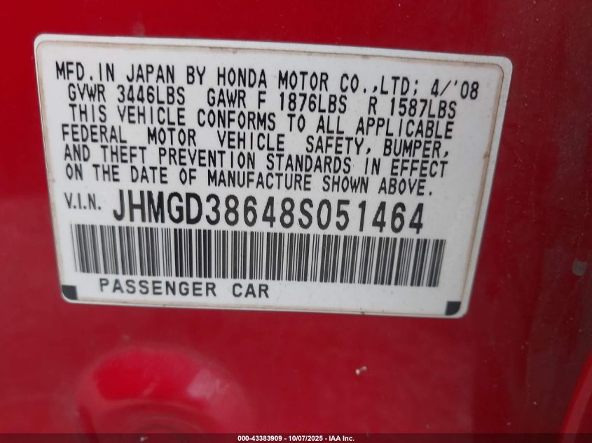 2008 Honda Fit Sport VIN: JHMGD38648S051464 Lot: 43383909