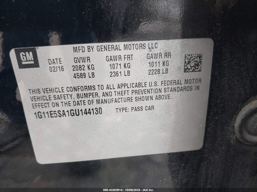 2016 Chevrolet Malibu Limited Ltz VIN: 1G11E5SA1GU144130 Lot: 43383914