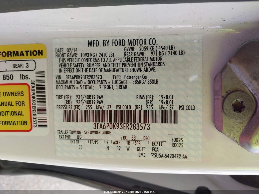 2014 Ford Fusion Titanium VIN: 3FA6P0K93ER283573 Lot: 43383917