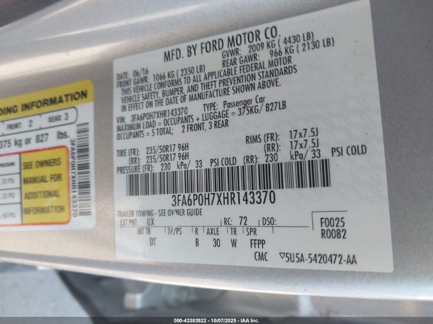 2017 Ford Fusion Se VIN: 3FA6P0H7XHR143370 Lot: 43383922