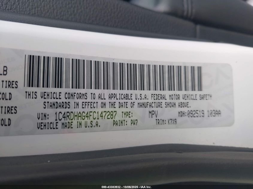 2015 Dodge Durango Sxt VIN: 1C4RDHAG4FC147287 Lot: 43383932