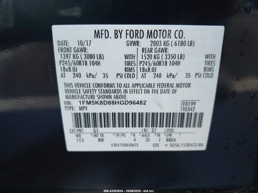 2017 Ford Explorer Xlt VIN: 1FM5K8D88HGD96482 Lot: 43383934