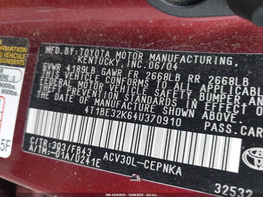 2004 Toyota Camry Le VIN: 4T1BE32K64U370910 Lot: 43383939