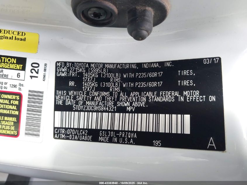 2017 Toyota Sienna Xle 8 Passenger VIN: 5TDYZ3DC9HS844321 Lot: 43383948