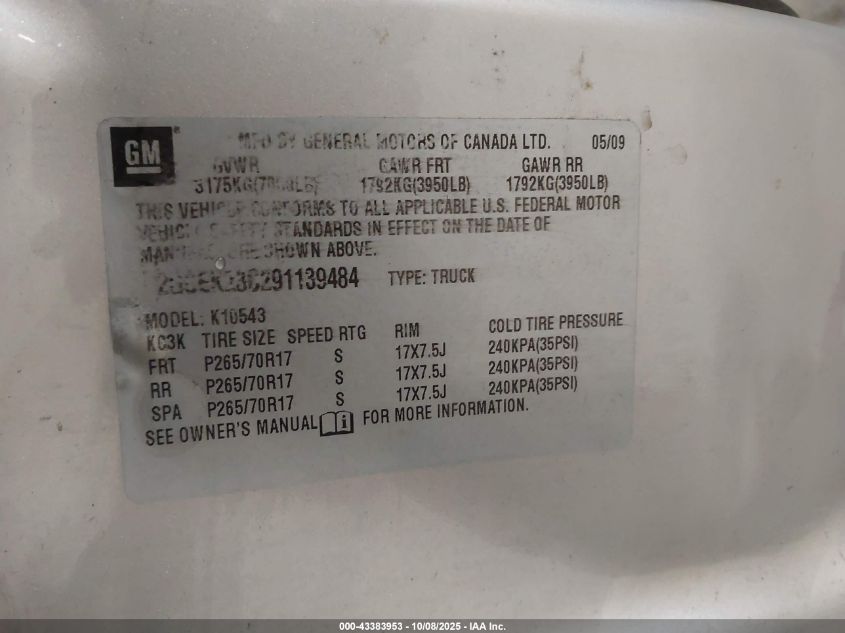 2009 Chevrolet Silverado 1500 Lt VIN: 2GCEK23C291139484 Lot: 43383953