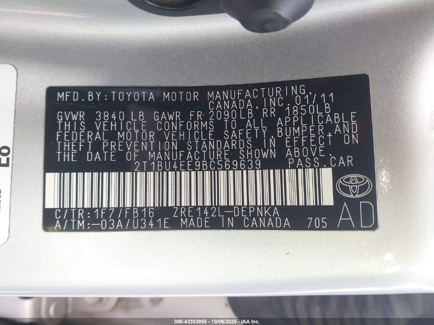 2011 Toyota Corolla Le VIN: 2T1BU4EE9BC569639 Lot: 43383958